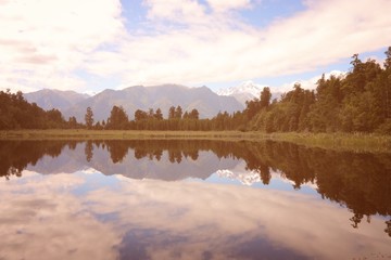 New Zealand - Lake Matheson. Retro filtered color style.