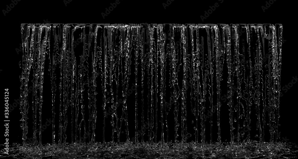 Wall mural liquid waterfall falling splash on front view on black background. 3d render