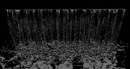 Liquid Waterfall falling splash on top view on black background. 3D Render
