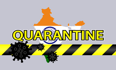 Illustration vector graphic of quarantine tape isolated and covid-19 corona virus on india map background. warning sign of quarantine. Good for template background, banner, poster, etc.