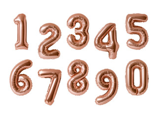 Set of numbers 0-9, Rose gold foil balloon number isolated on a white background with Clipping Path