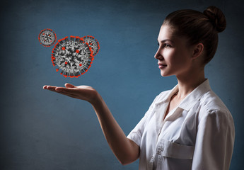 Female doctor presents viral cell coronavirus.