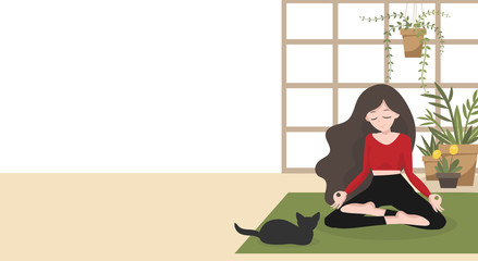 Stay at home in quarantine for be safe and keep calm in during a coronavirus or COVID-19 virus outbreak concept. A woman practices in lotus yoga position in her house with her pet.
