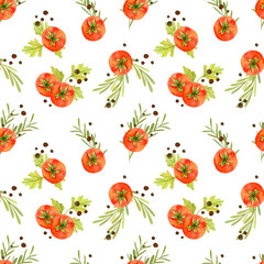 Watercolor tomato and green leaves seamless, square pattern