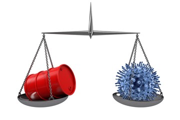 3d illustration:  vintage scales with the red barrel of oil on one side and blue virus cell on the other. Petroleum business, gasoline. Purchase sale, auction, stock exchange. Coronavirus.
