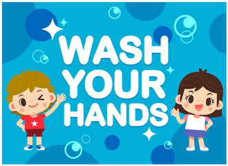 Vector cute kid characters with message- Wash your hands- and bubbles background