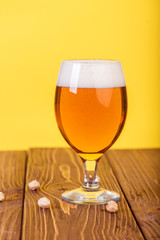 Glass of beer on color background.