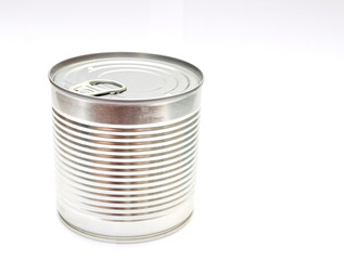 tin can without logo on a white background, closed tin can, food preservation, space for text, close-up