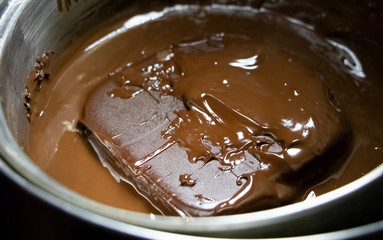 Melted chocolate in a pan under a water bath. Making hot chocolate at home in your own kitchen