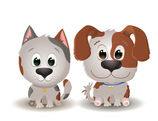 Vector cute beige with spotted dog and cat with big eyes in cartoon style. Little kitten and Puppy sits and smiles.