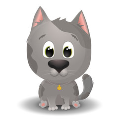 Vector gray with spotted cat with big eyes in cartoon style. Flat character illustration isolated on white background