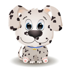 Vector cute white with spotted dog with big eyes in cartoon style. Dalmatian Puppy. Flat character isolated on white