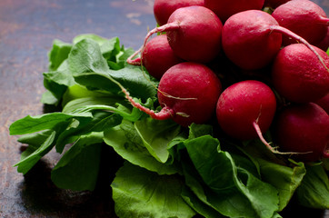 Fresh radish with green tops on a dark wooden background, drops of water on vegetables, space for text, close-up