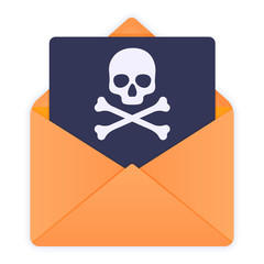 Yellow envelope with skull and crossbones. E-mail spam, virus, scam, malware alert received, internet hacking message, online phishing. Flat style vector illustration icon isolated on white.