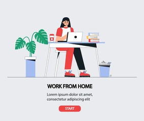  Girl is sitting at a table with a laptop. Woman working from home. Home office concept, flat style vector illustration. Freelance, online education or social media concept.