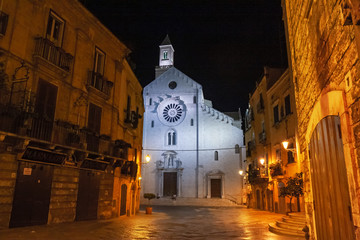 Night view of the Romanesque Pontifical Basilica in the historic center of Bari in Puglia, Italy.
