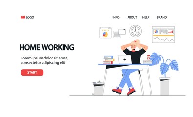 Freelance, online education or social media concept. Home office concept, woman working from home with laptop. Flat style vector illustration.
