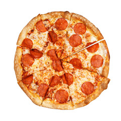Closeup pizza with pepperoni. Top view. Isolated on white.