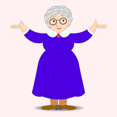A flat drawing of a smiling grandmother. Cute Granny with glasses, blue dress . Friendly cartoon character Granny. Isolated. illustration