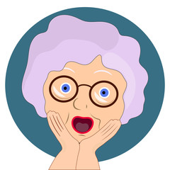 Flat icon, emotion will be scared . Granny with glasses and a scared face. Emotions of an old woman. Blue circle. illustration