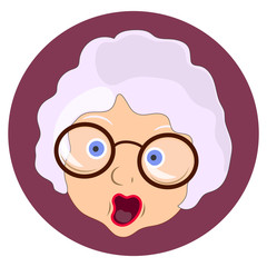 Flat icon, emotion will be scared . Granny with glasses and a scared face. Emotions of an old woman. Blue circle. illustration