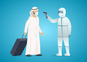 Diagnostic for passenger at the airport. Stop spread of the virus. Man on chemical resist suit checking for arabian passenger on airport. Epidemic MERS-CoV virus 2019-nCoV. Vector flat illustration.