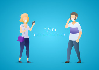 Protective measure against the coronavirus. People keep their distance and using mobile phone. Epidemic MERS-CoV virus 2019-nCoV. Vector flat illustration concept on blue background.

