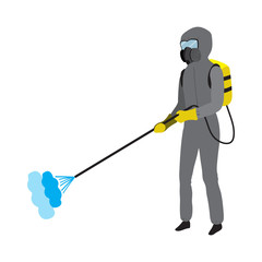 A man in chemical protection suit performs treatment and disinfection. A character isolated on a white background in a flat style