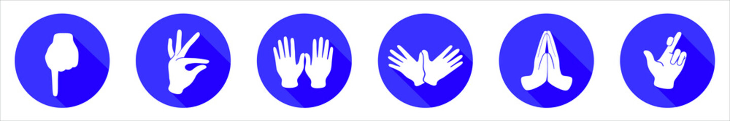 Vector flat icon set with six items. Sign with hand. Communication symbol. White hand with gesture on blue round background isolated on white. Web button. Mood sticker. Modern illustration