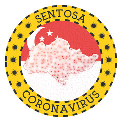 Coronavirus in Sentosa sign. Round badge with shape of Sentosa. Yellow island lockdown emblem with title and virus signs. Vector illustration.