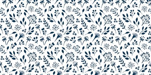 Flowers and branches seamless pattern, hand drawn vector floral background