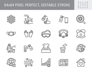 Coronavirus, virus prevention line icons. Vector illustration include icon - wash hands disinfection, face mask, sanitizer gloves outline pictogram for infographic 64x64 Pixel Perfect Editable Stroke