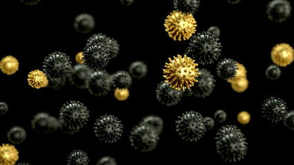 Group of viruses on a black background. Black and gold conceptual virus. 3d render illustration