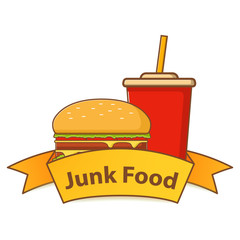 Stop junk fast food  hamburger and soda.Danger label greasy food.Line art flat illustration vector.