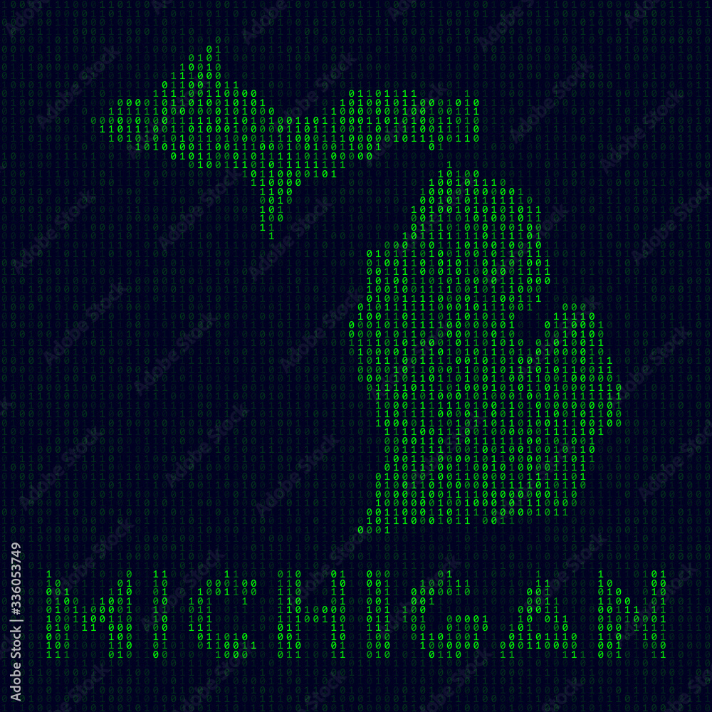 Poster digital michigan logo. us state symbol in hacker style. binary code map of michigan with us state na