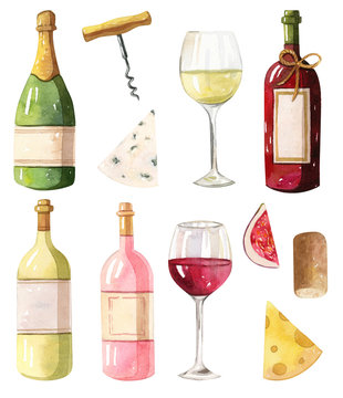 Watercolor illustration - wine bottles. Red, white, rose.