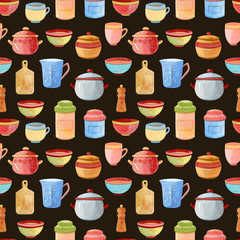 Watercolor kitchen accessories, utensils seamless pattern, background