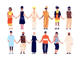 Fototapeta na wymiar Multicultural friendship. Ethnic people group, friends holding hand. Diversity interracial community, africans asians caucasian vector set. Friendship multicultural people, happy group illustration