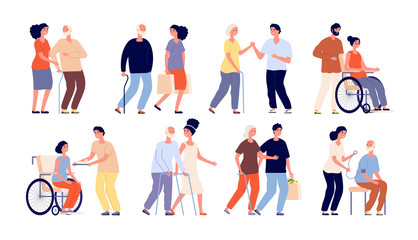 Social workers. Help group senior, volunteers. Support service community or helpful students staff. People helping elderly person vector set. Support volunteer, volunteering staff illustration