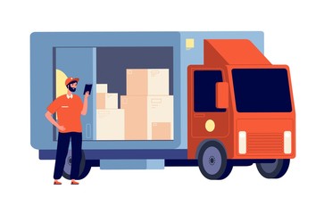 Courier. Smiling guy with package, delivery lorry. Logistic service, man and boxes. Postman with parcel. Shipping worker vector illustration. Delivery package service, courier truck lorry
