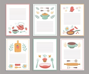 Recipe cards. Culinary book blank pages. Cookbook stickers, cute home menu. Banners for baking cooking with doodle kitchen tools vector set. Culinary page for recipe, cookbook card illustration