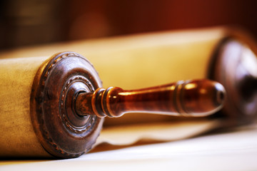 Old torah scroll book close up detail. Torah Jewish People.