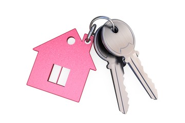 3D illustration: Pink transparent glass keychain in the form of a house with a pipe and a window connected by a ring with two metal keys. Symbol of a new apartment. Buying a home on credit. Mortgage.
