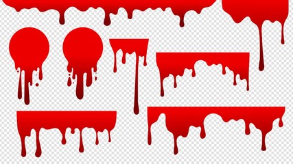 Dripping blood. Red stain paint. Flow drops, fluid stripes background. Bloody current or sauce stains vector illustration. Drip and drop stain, blood splatter liquid