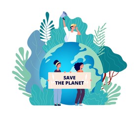 Earth day concept. Save planet, group with posters. Nature, international eco volunteering. Environment protection vector concept. Ecology environment, eco planet, world green illustration