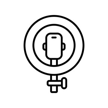 Led ring lamp with smartphone and part of stand. Line art icon. Black illustration of selfie or blogger. Contour isolated vector image on white background. Podcast emblem