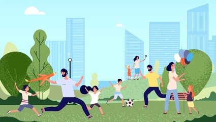 Family in park. City park activity, season walk pleisure. Happy kids woman man jumping and playing. Parents walking with children vector illustration. City park outdoor, family summer recreation