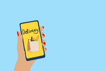 Delivery internet shopping concept. holding a smartphone and delivery orders online. Flat icon modern design style concept