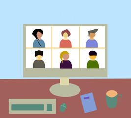 Video conference during work at home under quarantine.People on computer screen taking with colleague. Online meeting work space vector page.Video call and Long distance communicate.