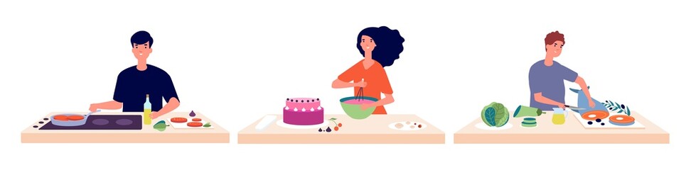 People cooking. Man woman baking and make food. People and fresh healthy ingredients vector illustration. Woman or man cooking at home